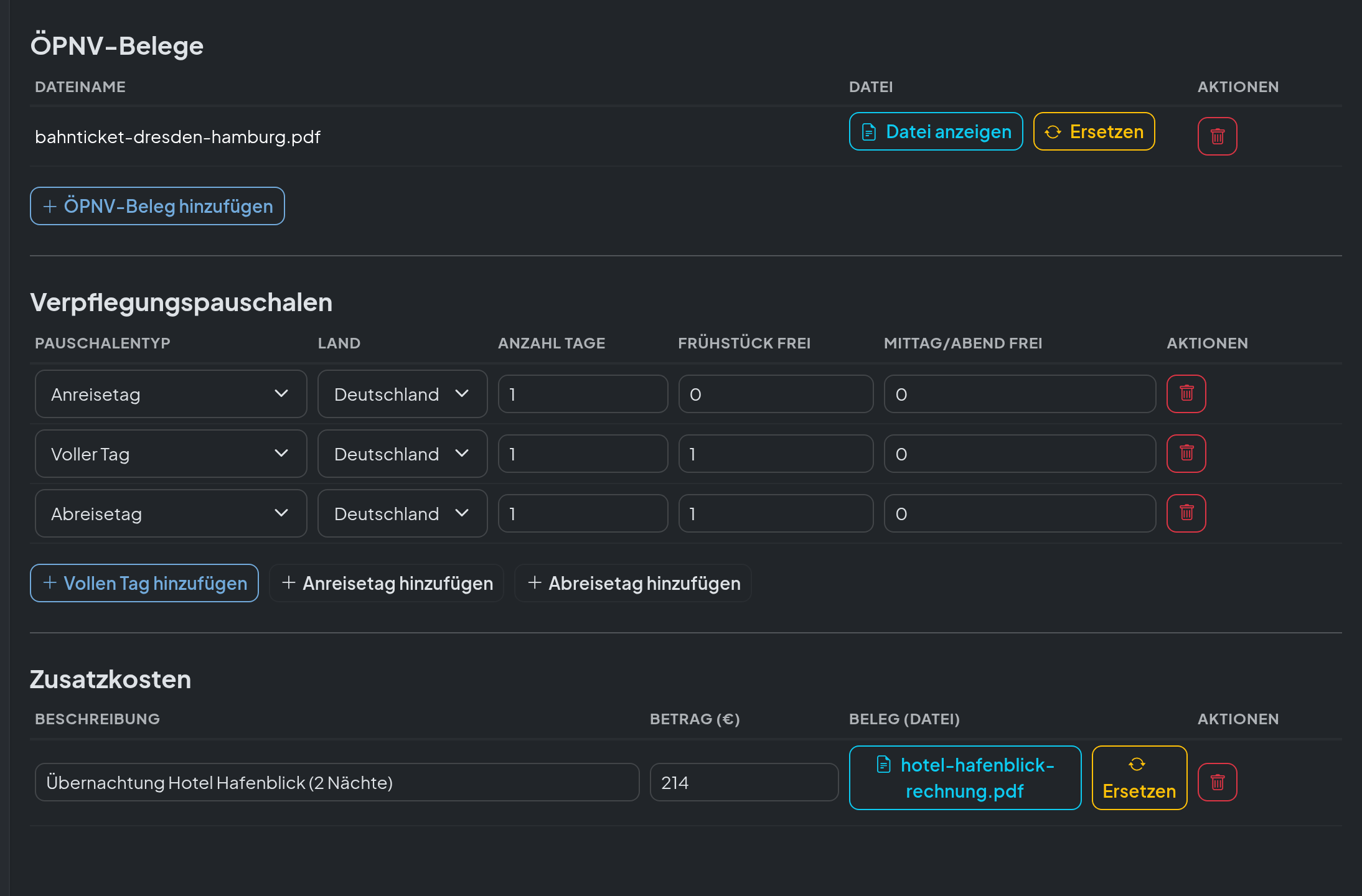 Screenshot: Dienstreisen · Dienstreiseabrechnung