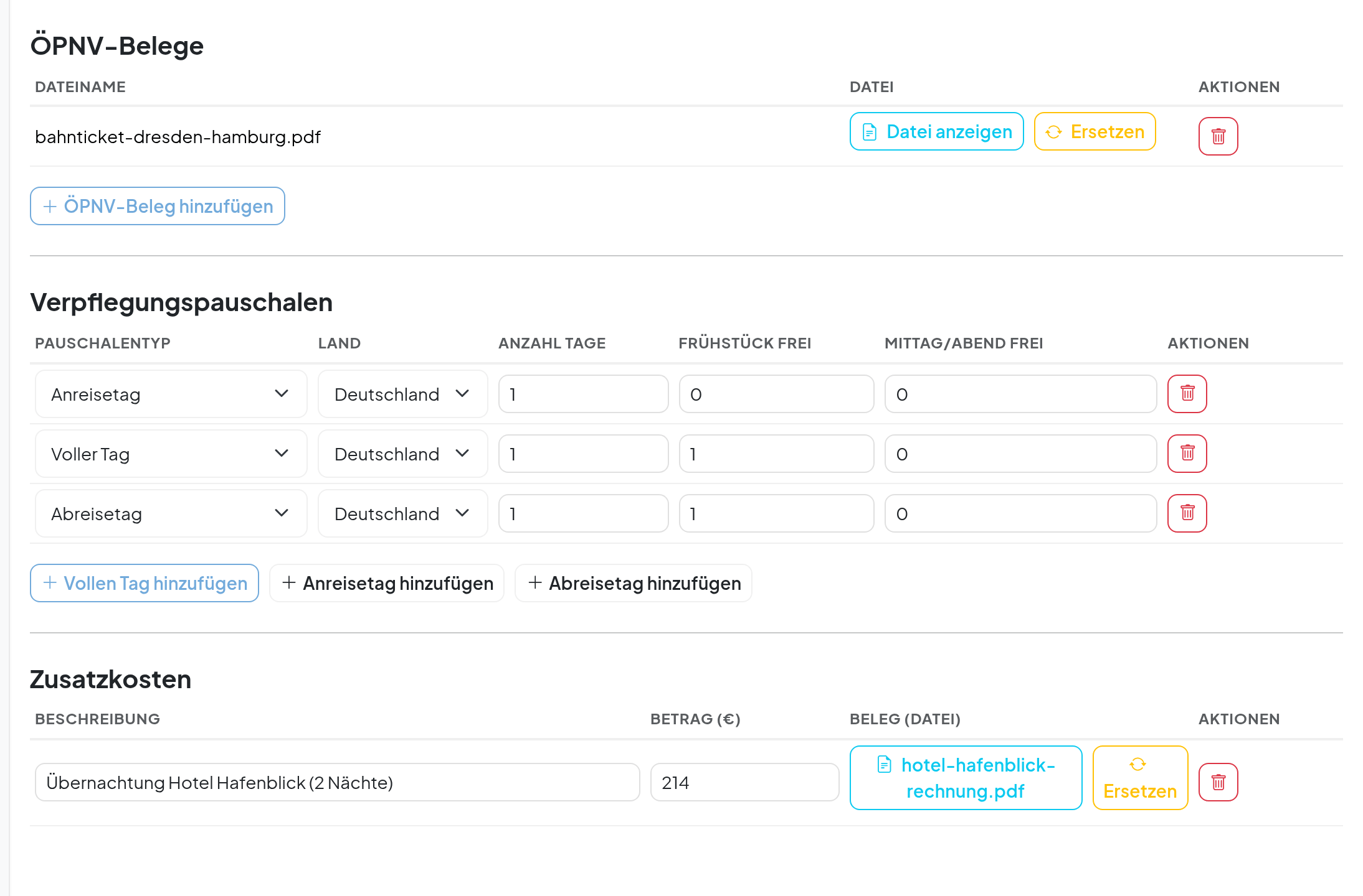 Screenshot: Dienstreisen · Dienstreiseabrechnung
