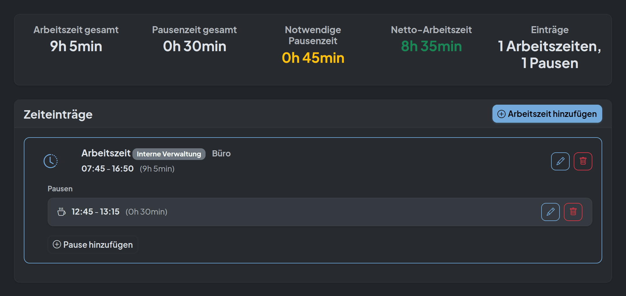 Screenshot: Pausen & Automatik · Pausenregeln