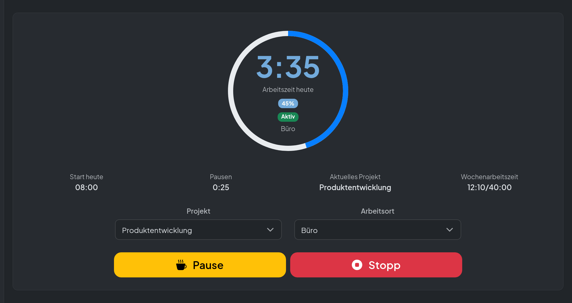 Screenshot: Stempeluhr · Zeiterfassung