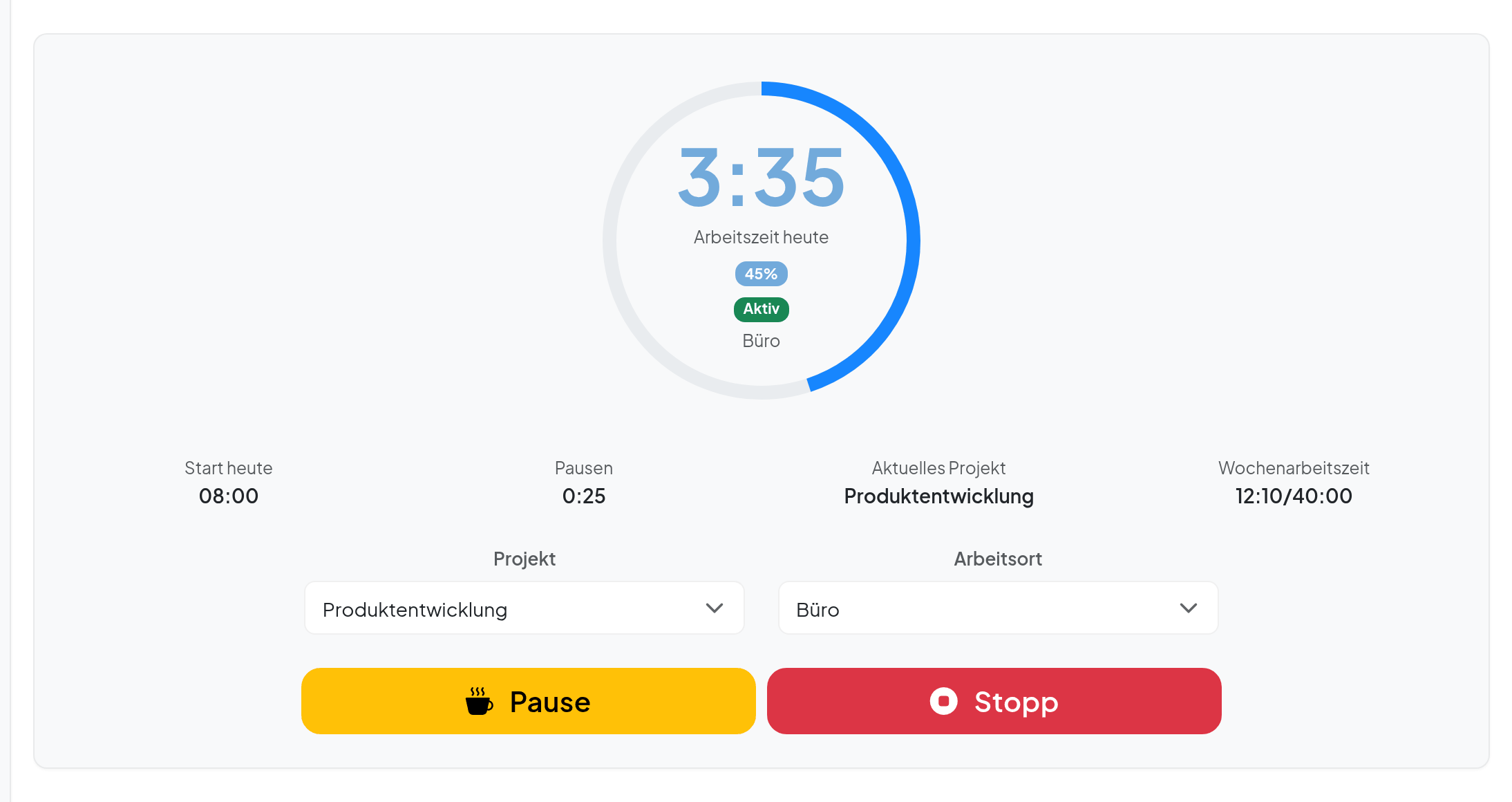 Screenshot: Stempeluhr · Zeiterfassung